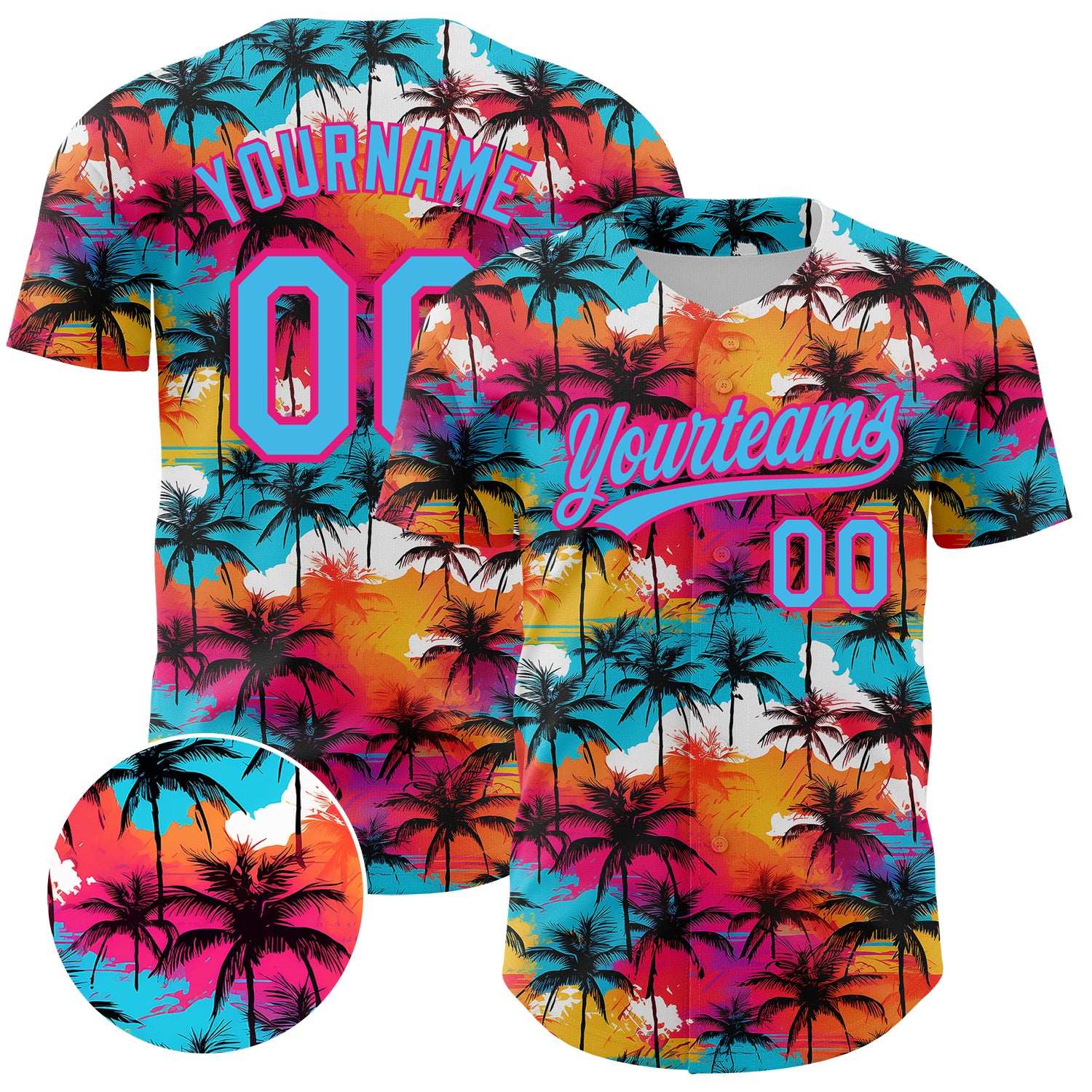 Custom Name and Number Baseball Jersey with Palm Trees 3D Pattern in Sky Blue and Hot Pink - Tropical Hawaii Design Personalized