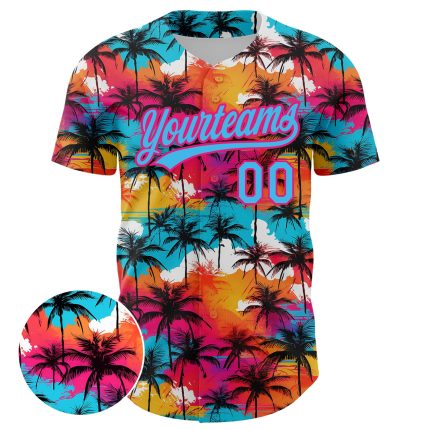 Custom Name and Number Baseball Jersey with Palm Trees 3D Pattern in Sky Blue and Hot Pink - Tropical Hawaii Design Personalized
