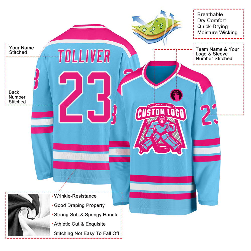 Personalized Sky Blue Hot Pink-White Hockey Jersey Team Custom Name and Number Custom Name and Number Hockey Jersey - Personalized Sky Blue Hot Pink White Design Personalized Sky Blue Hot Pink-White Hockey - Image 3