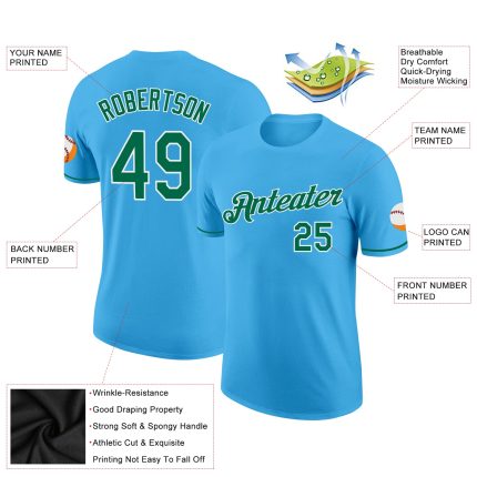 Custom Team Performance T-Shirt with Personalized Name & Number - Sky Blue & Kelly Green-White Personalized Sky Blue Kelly