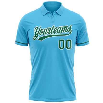 Custom Personalized Performance Golf Polo Shirt - Sky Blue Kelly Green White with Name and Number Personalized Sky Blue Kelly