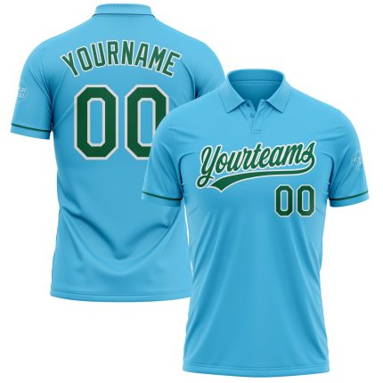 Custom Personalized Performance Golf Polo Shirt - Sky Blue Kelly Green White with Name and Number Personalized Sky Blue Kelly