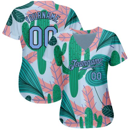 Custom Name & Number Cactus Leaves Baseball Jersey - Personalized Sky Blue & Black 3D Pattern Design Personalized Sky Blue