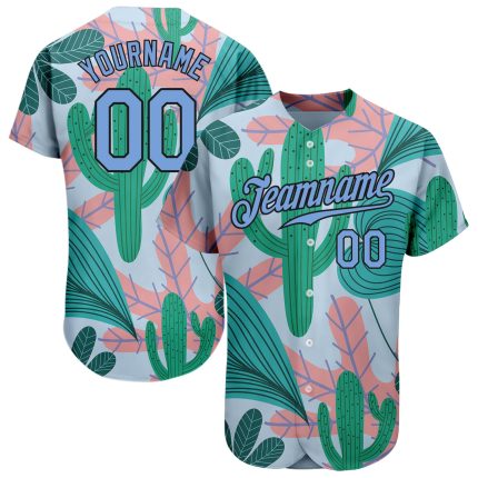 Custom Name & Number Cactus Leaves Baseball Jersey - Personalized Sky Blue & Black 3D Pattern Design Personalized Sky Blue