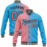Custom Name and Number Sky Blue Pink Black Gradient Varsity Jacket - Personalized Full-Snap Bomber Fashion Jacket Personalized