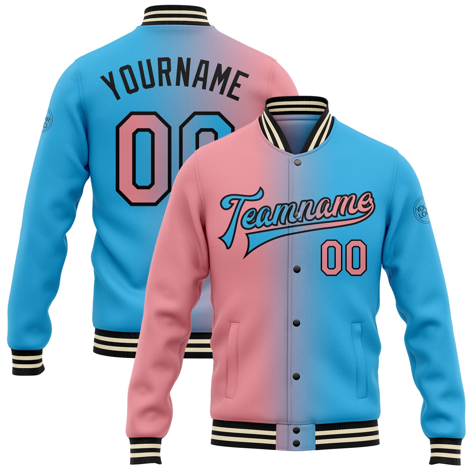 Custom Name and Number Sky Blue Pink Black Gradient Varsity Jacket - Personalized Full-Snap Bomber Fashion Jacket Personalized