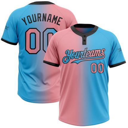 Custom Name Number Unisex Softball Jersey - Personalized Sky Blue Pink Black Gradient Two-Button Fashion, Medium Size Personalized