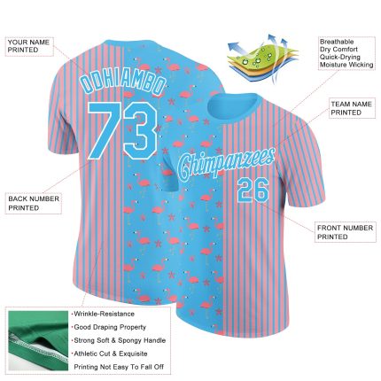 Custom Team Name and Number Flamingo 3D Pattern Performance T-Shirt - Personalized Medium Sky Blue Pink-White Design Personalized