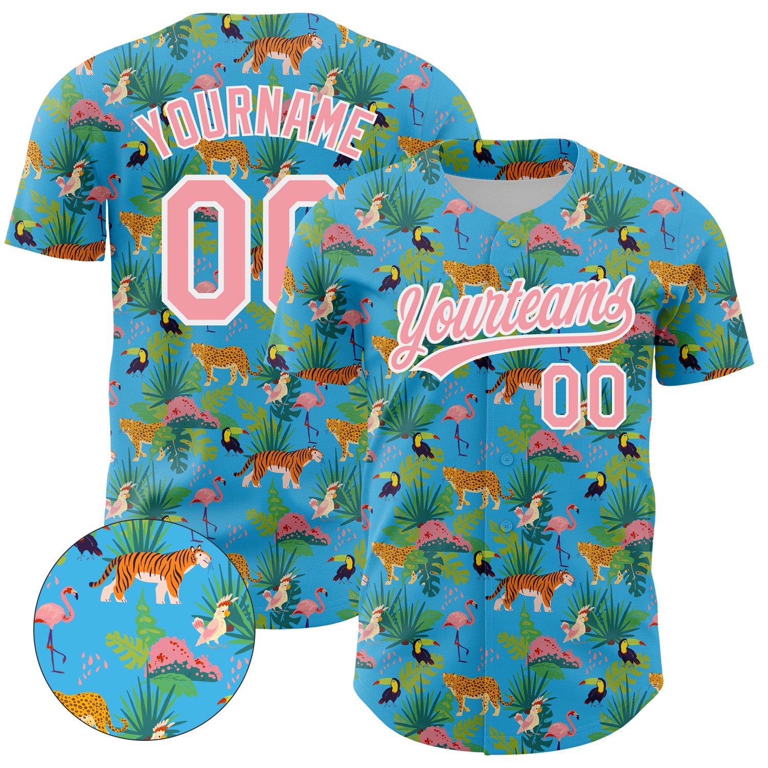 Custom Name Number Baseball Jersey - Personalized Sky Blue Animal Tiger Leopard Flamingo 3D Pattern with Palm Leaves Personalized