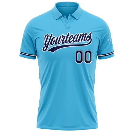 Custom Sky Blue Navy-White Vapor Golf Polo Shirt with Team Name & Number, Personalized Performance Apparel Personalized Sky