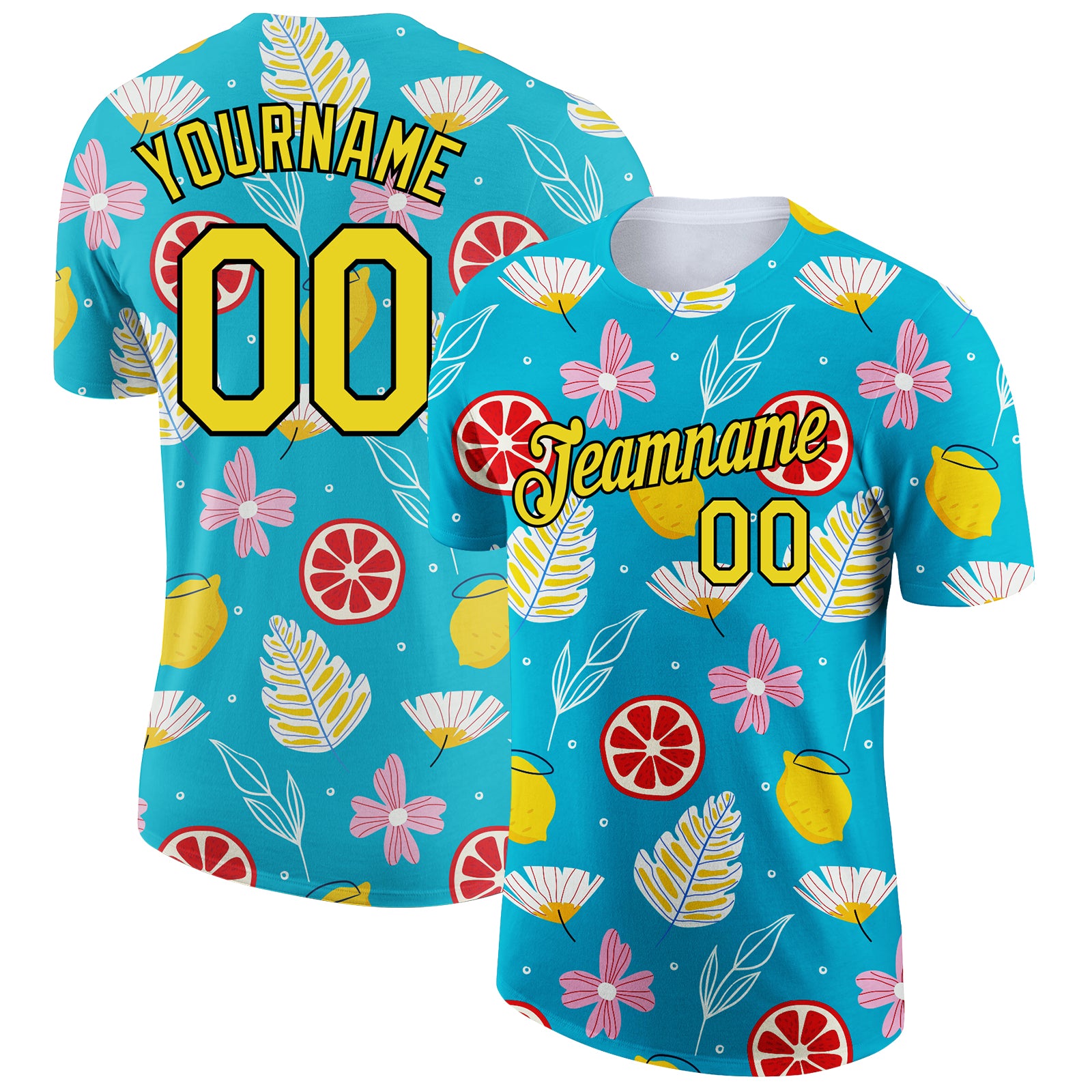 Custom Name and Number Summer Holiday T-Shirt, 3D Pattern in Sky Blue Yellow-Black Flower and Fruit Design Personalized Sky