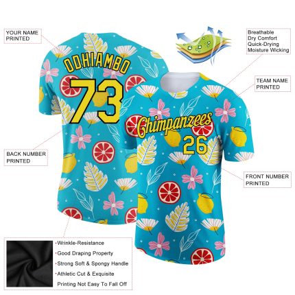 Custom Name and Number Summer Holiday T-Shirt, 3D Pattern in Sky Blue Yellow-Black Flower and Fruit Design Personalized Sky