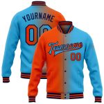 Custom Name Number Varsity Letterman Jacket Blue Orange Navy Gradient Fashion Bomber Full-Snap Team Jacket Personalized Sky