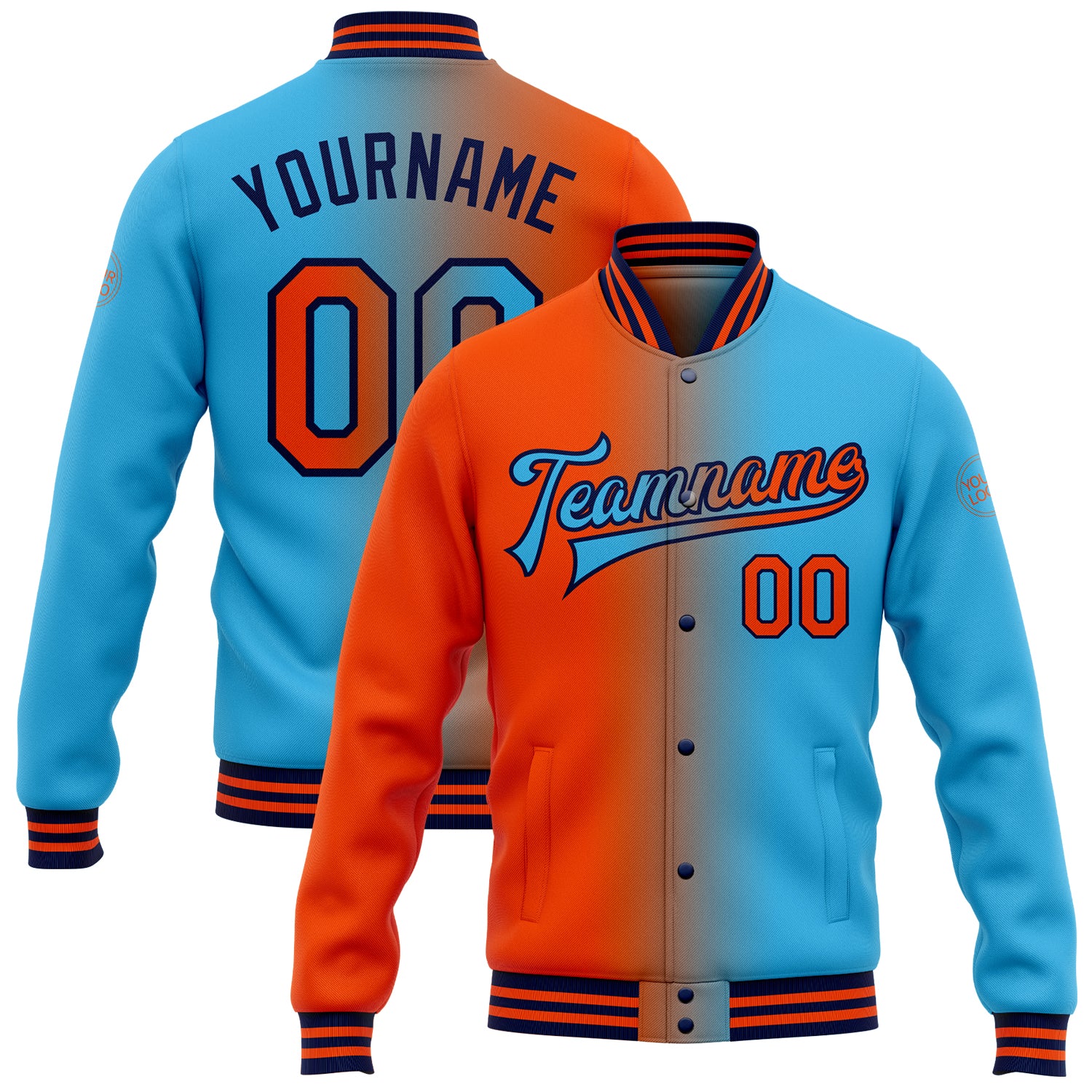 Custom Name Number Varsity Letterman Jacket Blue Orange Navy Gradient Fashion Bomber Full-Snap Team Jacket Personalized Sky