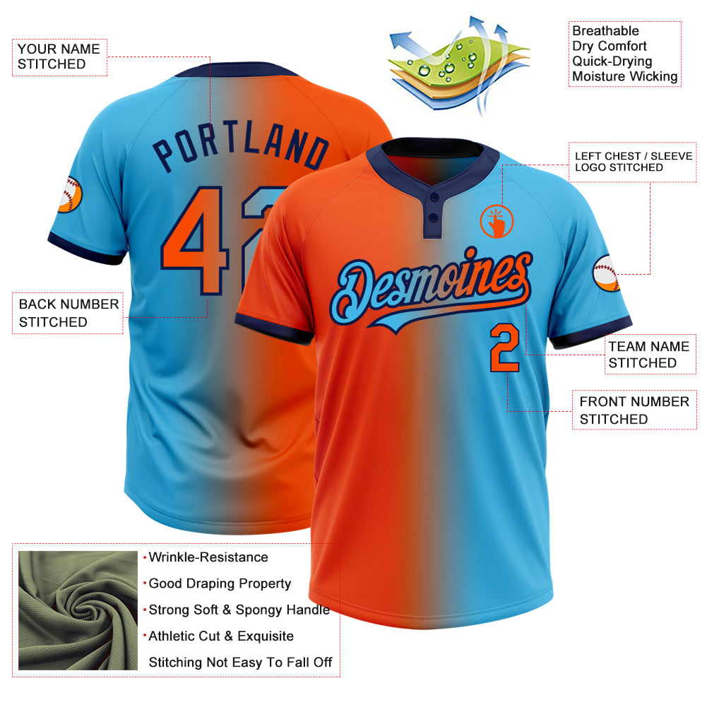 Personalized Sky Blue Orange-Navy Gradient Fashion Two-Button Unisex Softball Jersey Team Custom Name and Number Custom Name and Number Unisex Softball Jersey - Personalized Sky Blue Orange-Navy Gradient Fashion Two-Button Design Personalized - Image 3