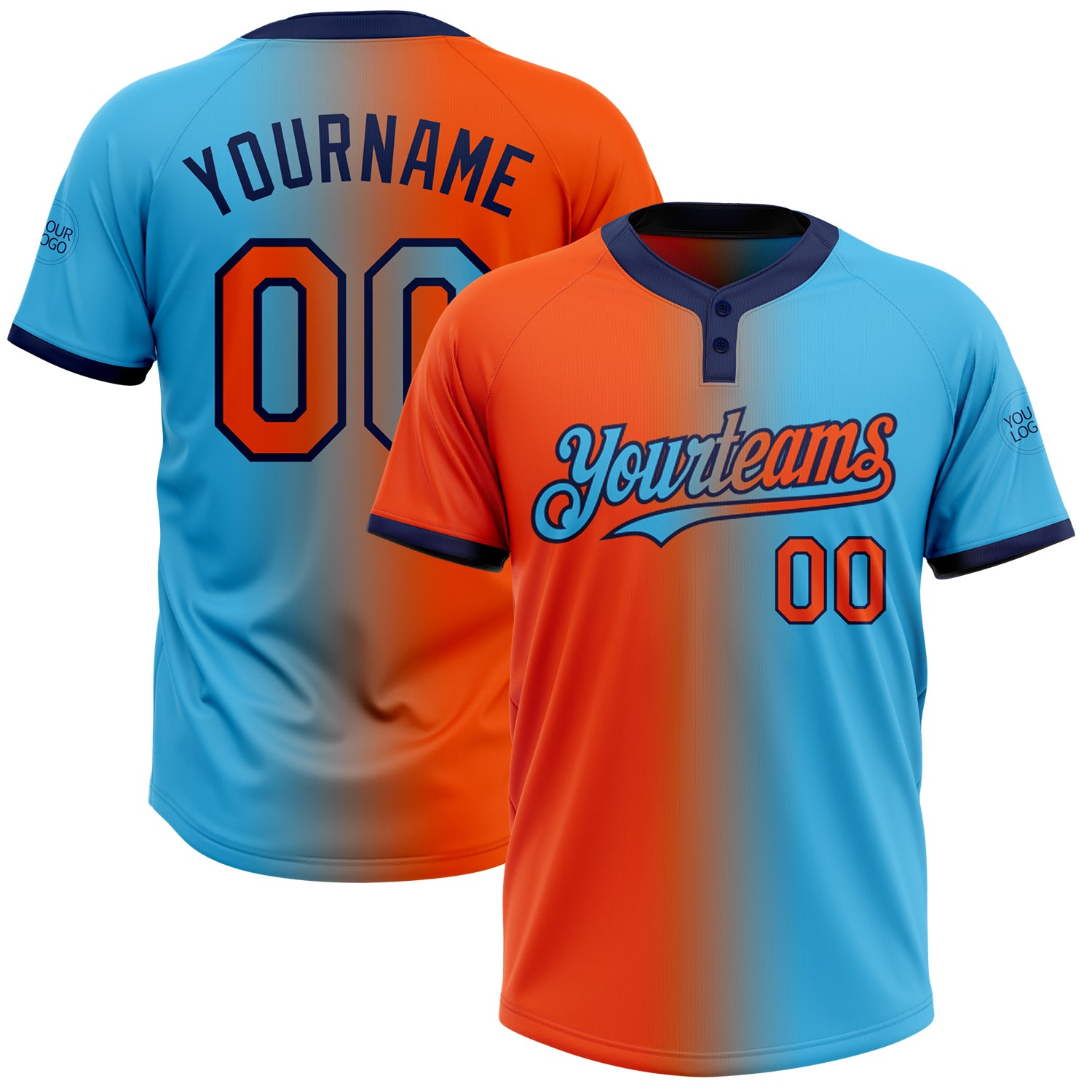 Custom Name and Number Unisex Softball Jersey - Personalized Sky Blue Orange-Navy Gradient Fashion Two-Button Design Personalized