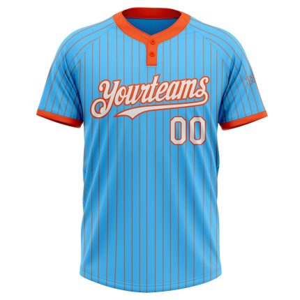 Custom Name and Number Softball Jersey Unisex Two-Button Sky Blue Orange Pinstripe Personalized Sky Blue Orange Pinstripe