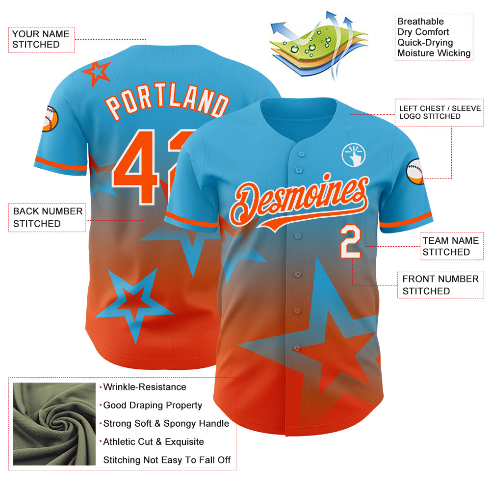 Personalized Sky Blue Orange-White 3D Pattern Design Gradient Style Twinkle Star Authentic Baseball Jersey Team Custom Name and Number Personalized Twinkle Star Gradient Baseball Jersey - Custom Name & Number, Sky Blue Orange-White 3D Pattern Design Personalized - Image 3