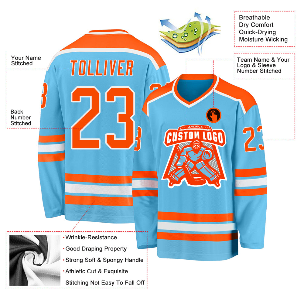 Personalized Sky Blue Orange-White Hockey Jersey Team Custom Name and Number Custom Personalized Hockey Jersey with Name & Number - Sky Blue Orange-White Personalized Sky Blue Orange-White Hockey Jersey - Image 3