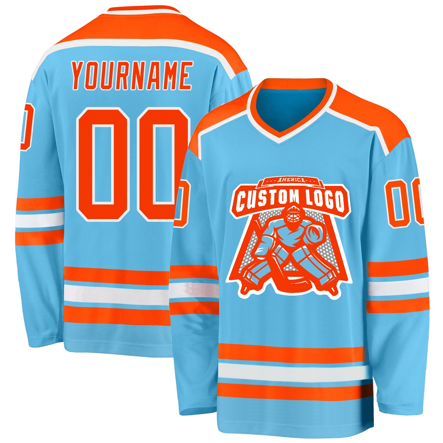 Personalized Sky Blue Orange-White Hockey Jersey Team Custom Name and Number Custom Personalized Hockey Jersey with Name & Number - Sky Blue Orange-White Personalized Sky Blue Orange-White Hockey Jersey - Image 1