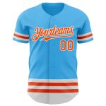 Custom Team Baseball Jersey with Personalized Name and Number - Sky Blue with Orange-White Lines Personalized Sky Blue Orange-White