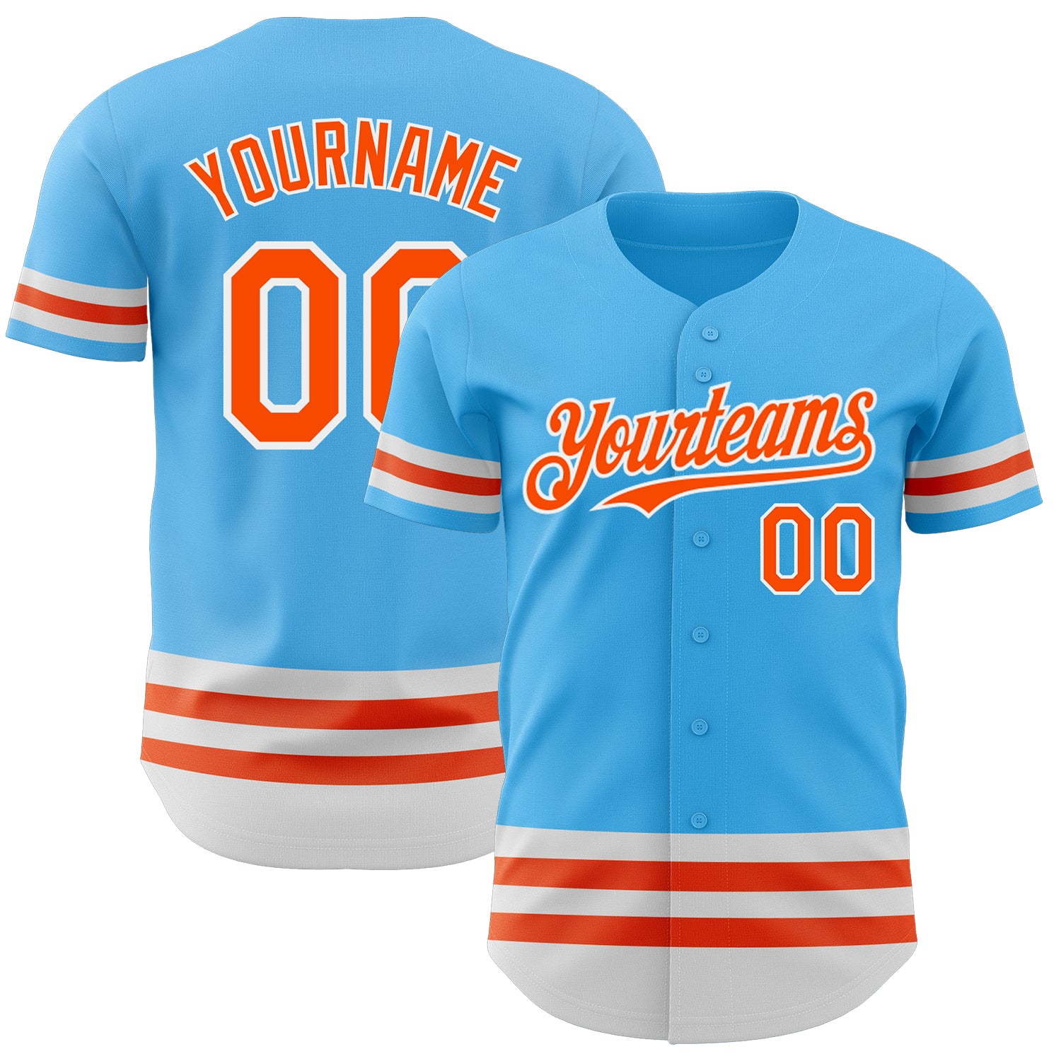 Custom Team Baseball Jersey with Personalized Name and Number - Sky Blue with Orange-White Lines Personalized Sky Blue Orange-White