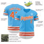 Custom Team Baseball Jersey with Personalized Name and Number - Sky Blue with Orange-White Lines Personalized Sky Blue Orange-White