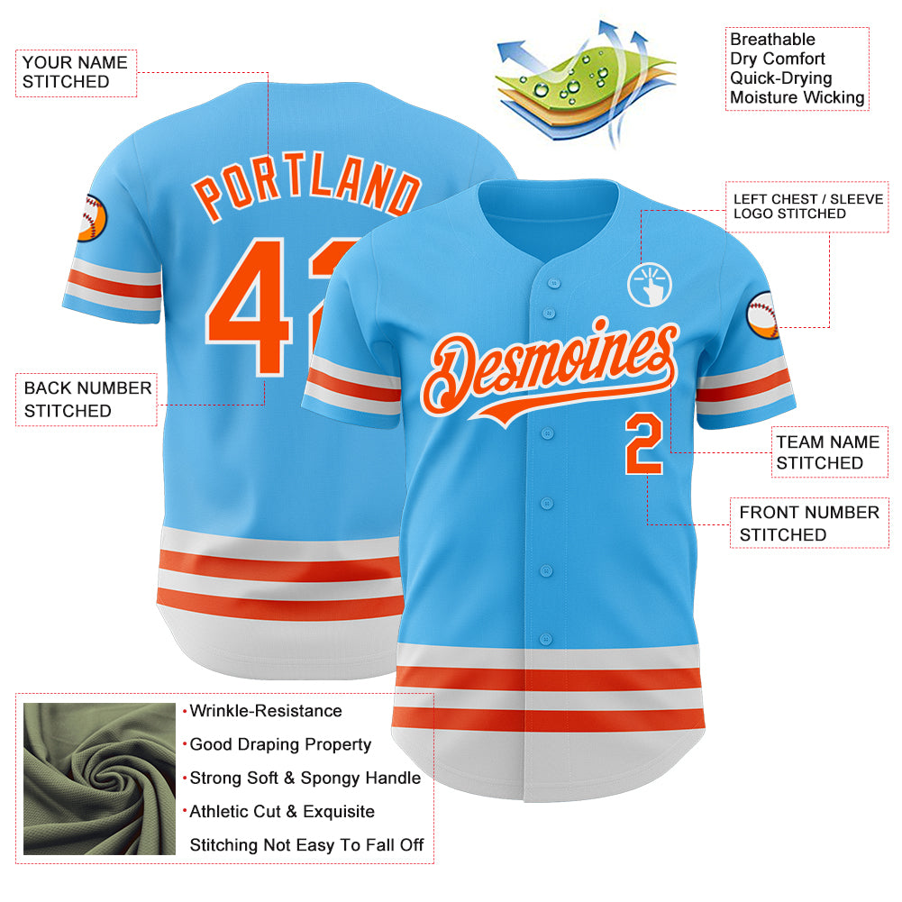 Personalized Sky Blue Orange-White Line Authentic Baseball Jersey Team Custom Name and Number Custom Team Baseball Jersey with Personalized Name and Number - Sky Blue with Orange-White Lines Personalized Sky Blue Orange-White - Image 3