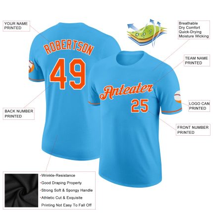 Custom Team Performance T-Shirt with Name and Number - Sky Blue Orange-White Design Personalized Sky Blue Orange-White Performance