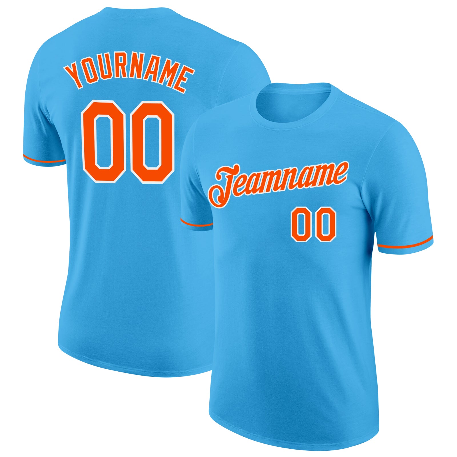 Custom Team Performance T-Shirt with Name and Number - Sky Blue Orange-White Design Personalized Sky Blue Orange-White Performance