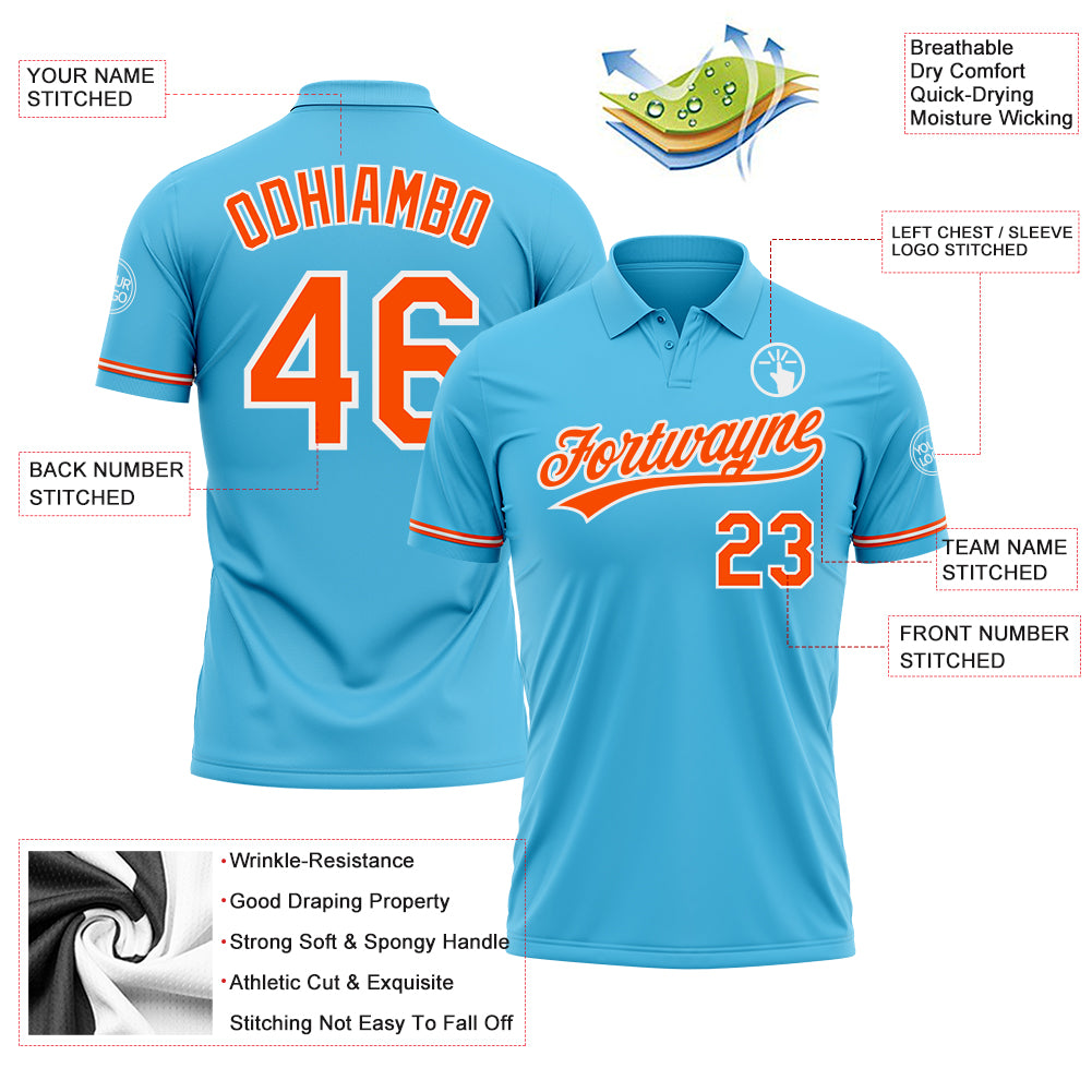 Personalized Sky Blue Orange-White Performance Vapor Golf Polo Shirt Team Custom Name and Number Custom Name and Number Sky Blue Orange-White Performance Polo Shirt for Golf Personalized Sky Blue Orange-White Performance - Image 3