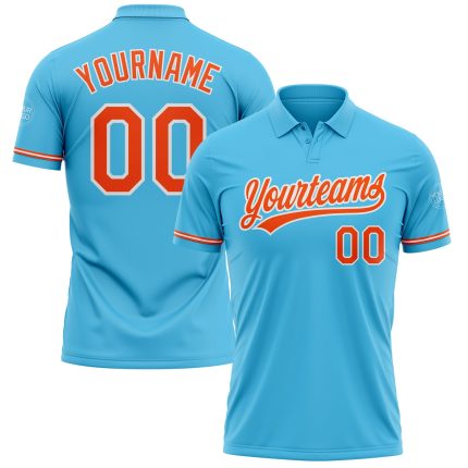 Custom Name and Number Sky Blue Orange-White Performance Polo Shirt for Golf Personalized Sky Blue Orange-White Performance
