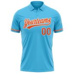 Custom Name and Number Sky Blue Orange-White Performance Polo Shirt for Golf Personalized Sky Blue Orange-White Performance