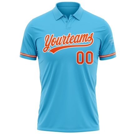 Custom Name and Number Sky Blue Orange-White Performance Polo Shirt for Golf Personalized Sky Blue Orange-White Performance