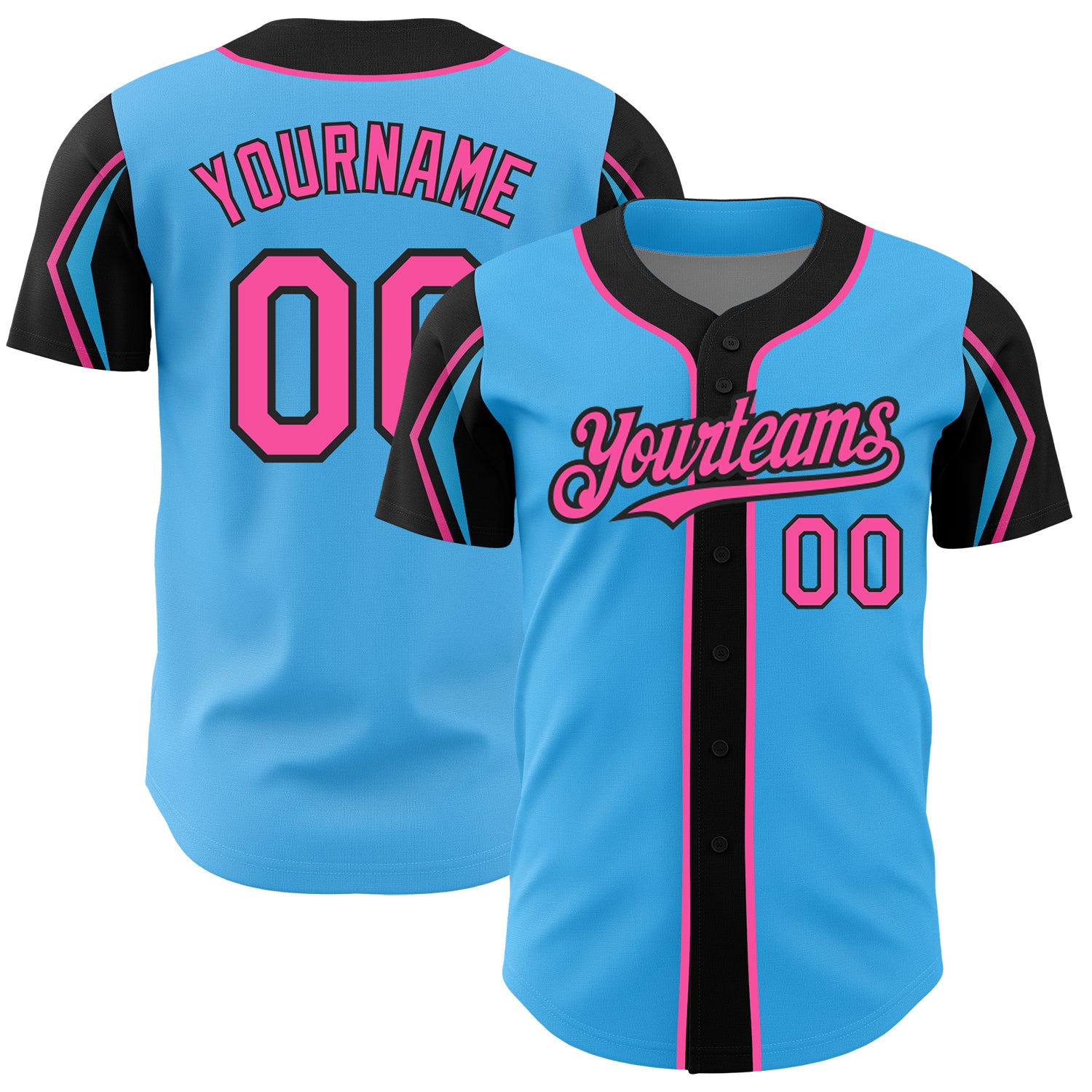 Custom Name and Number Sky Blue Pink-Black Baseball Jersey for Teams - Authentic Arm Shapes, 3 Colors Available Personalized