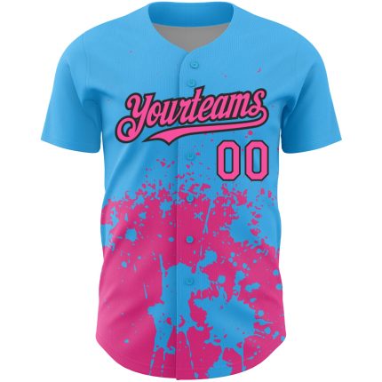Custom Baseball Jersey with 3D Splash Grunge Art - Personalized Sky Blue Pink-Black Design, Custom Name & Number Personalized
