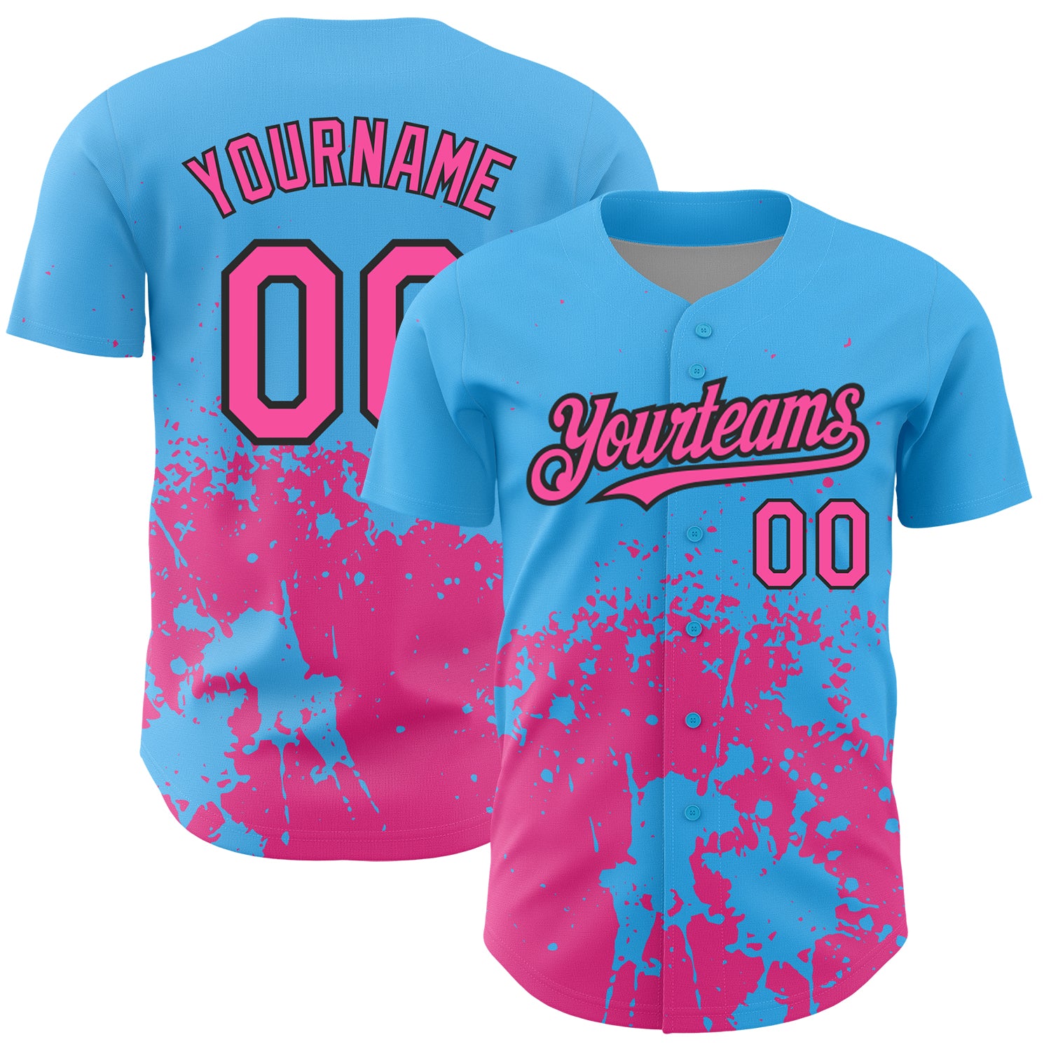Custom Baseball Jersey with 3D Splash Grunge Art - Personalized Sky Blue Pink-Black Design, Custom Name & Number Personalized