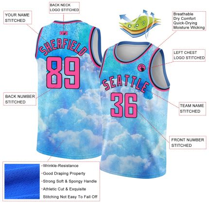 Custom Name Number Basketball Jersey 3D Pattern Sky Blue Pink Black Watercolor Design with Clouds - Authentic Team Apparel