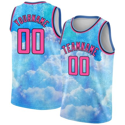 Custom Name Number Basketball Jersey 3D Pattern Sky Blue Pink Black Watercolor Design with Clouds - Authentic Team Apparel