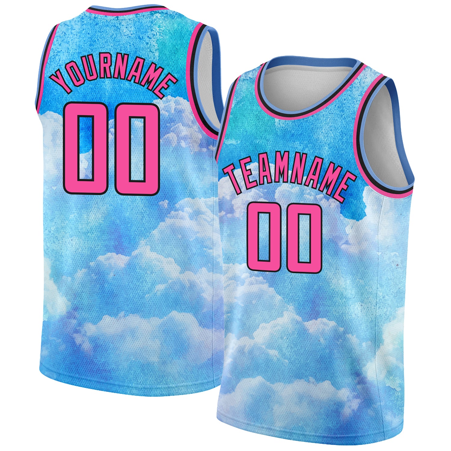 Custom Name Number Basketball Jersey 3D Pattern Sky Blue Pink Black Watercolor Design with Clouds - Authentic Team Apparel
