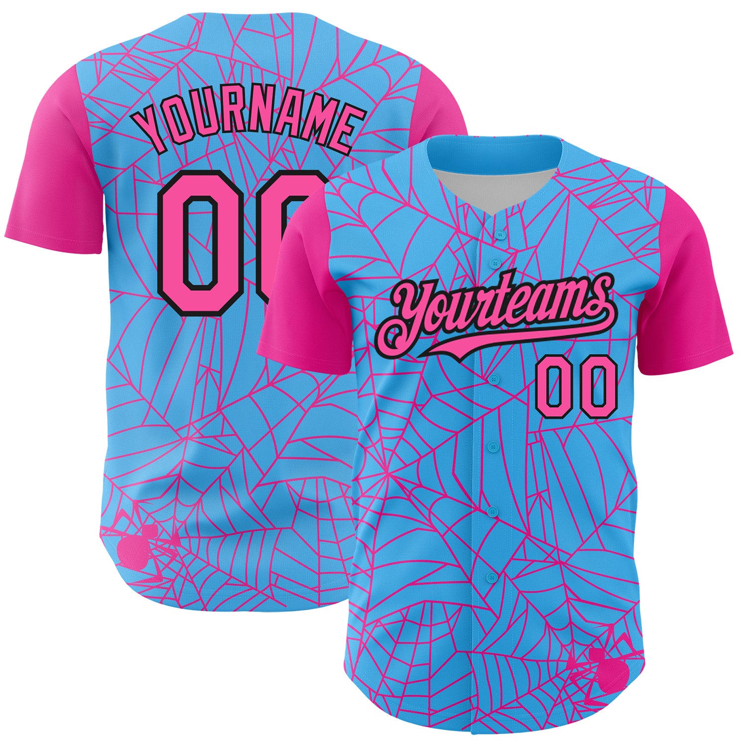 Personalized Spider Web Baseball Jersey Custom Name & Number | Sky Blue Pink-Black 3D Design Personalized Sky Blue Pink-Black