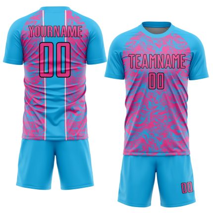Custom Name and Number Soccer Uniform Jersey - Sky Blue Pink Black Abstract Fluid Sublimation Design Personalized Sky Blue