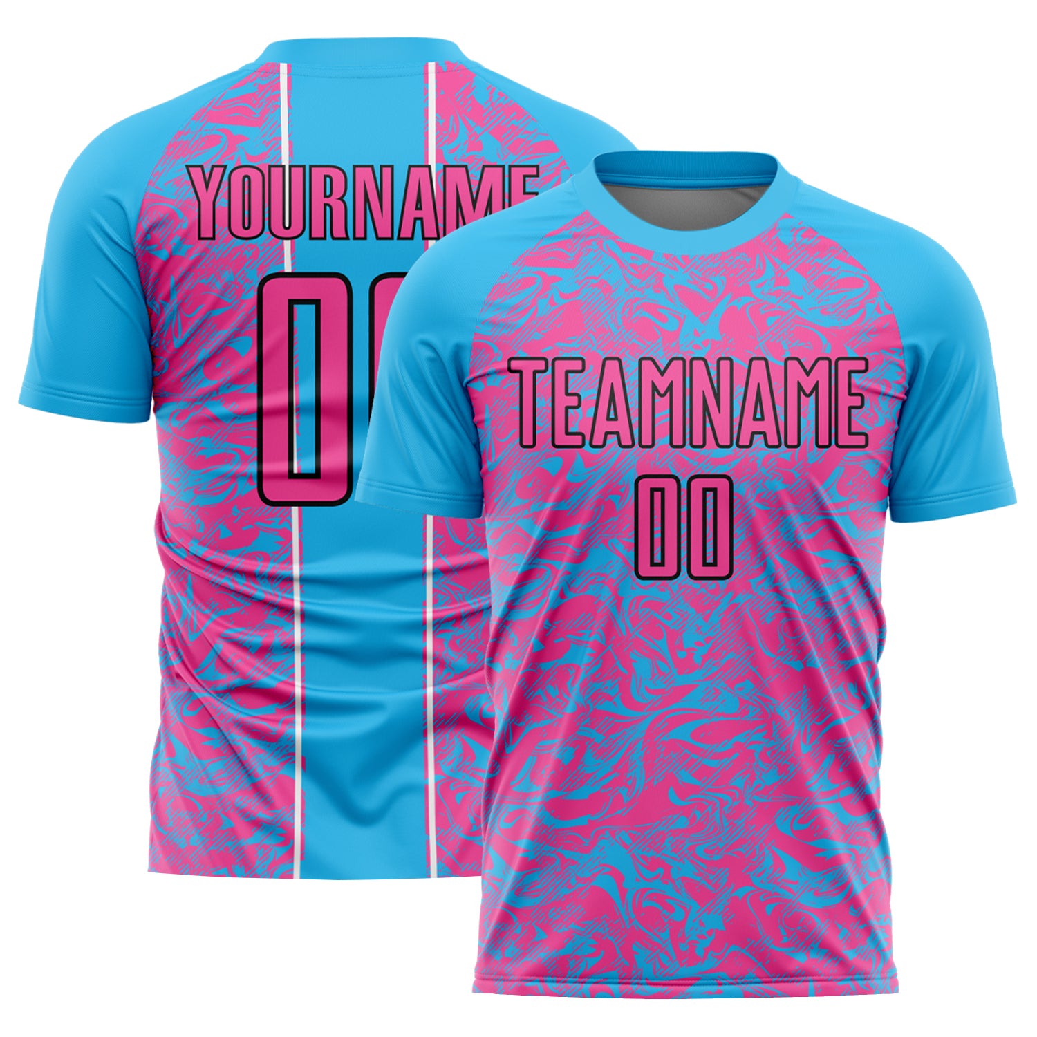 Custom Name and Number Soccer Uniform Jersey - Sky Blue Pink Black Abstract Fluid Sublimation Design Personalized Sky Blue