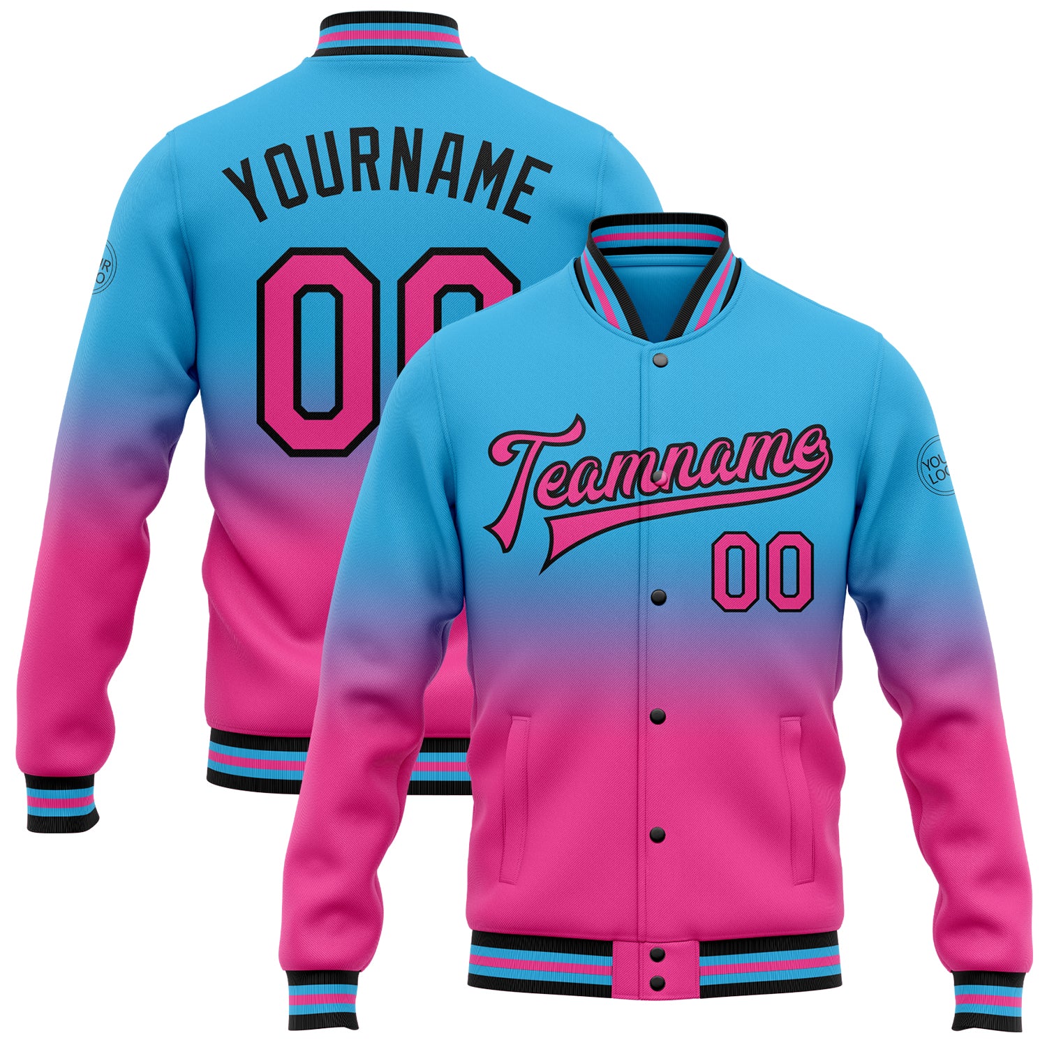 Custom Name Number Varsity Letterman Jacket Sky Blue Pink Black Bomber Full-Snap Fade Fashion for Teams Personalized Sky