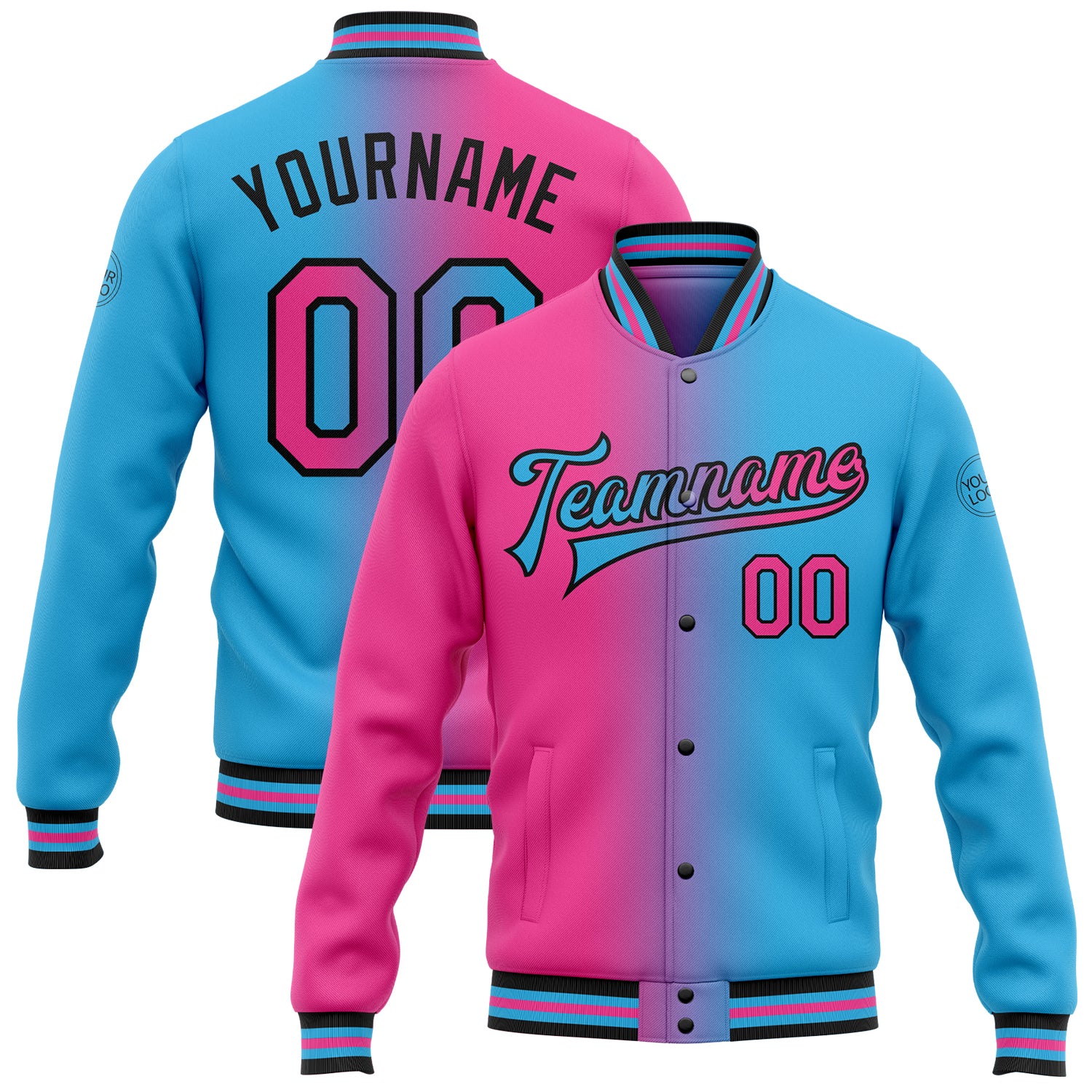 Custom Personalized Varsity Letterman Jacket for Team - Sky Blue Pink-Black Gradient Full-Snap Fashion Outerwear Personalized
