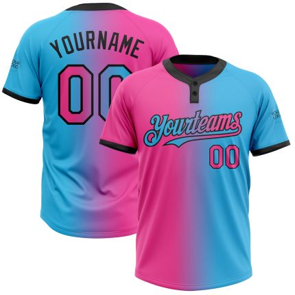 Custom Name & Number Two-Button Unisex Softball Jersey in Sky Blue Pink-Black Gradient Fashion Design Personalized Sky Blue