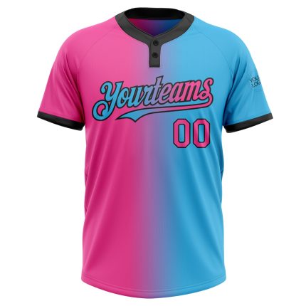 Custom Name & Number Two-Button Unisex Softball Jersey in Sky Blue Pink-Black Gradient Fashion Design Personalized Sky Blue