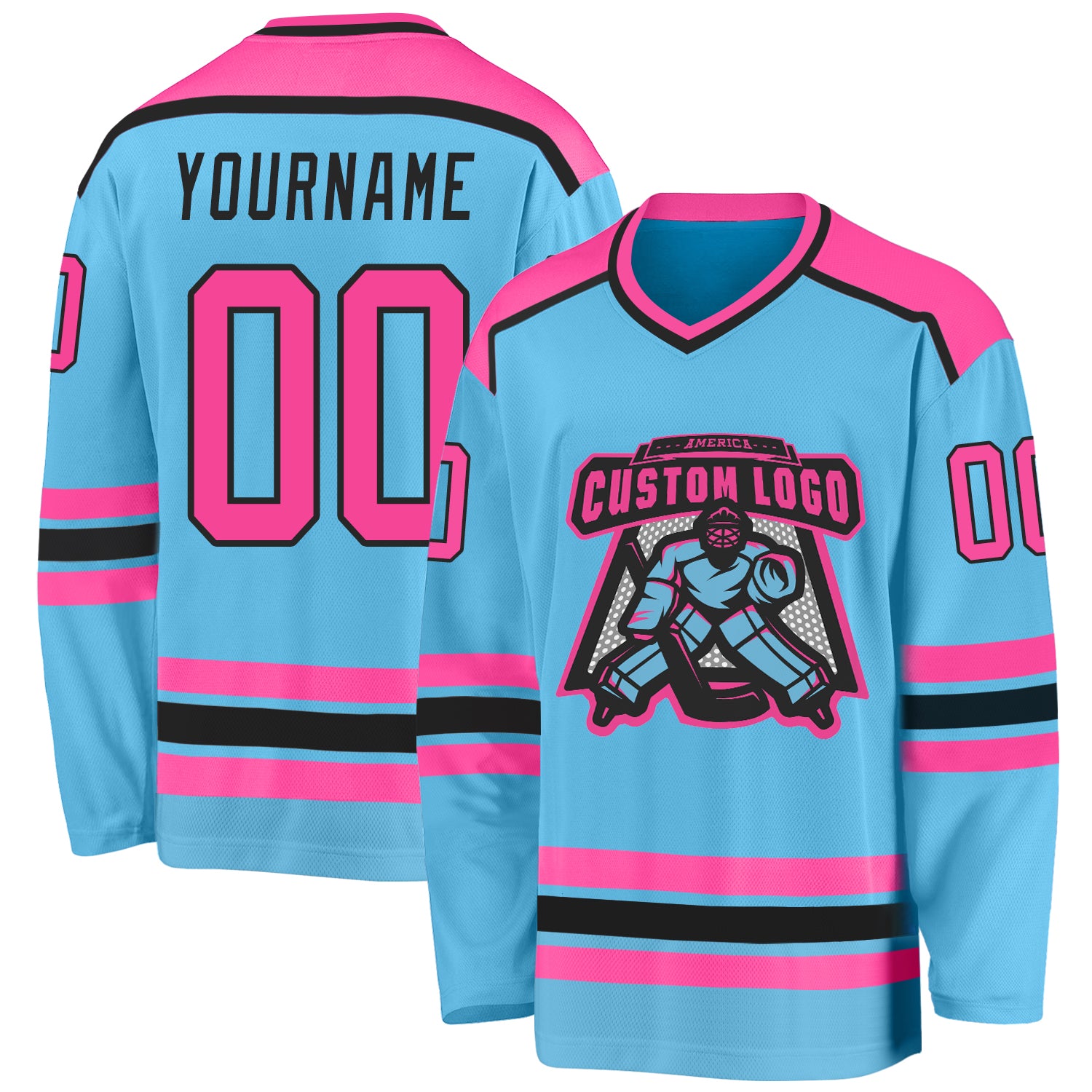 Custom Name and Number Personalized Hockey Jersey - Sky Blue Pink-Black Team Jersey Personalized Sky Blue Pink-Black Hockey