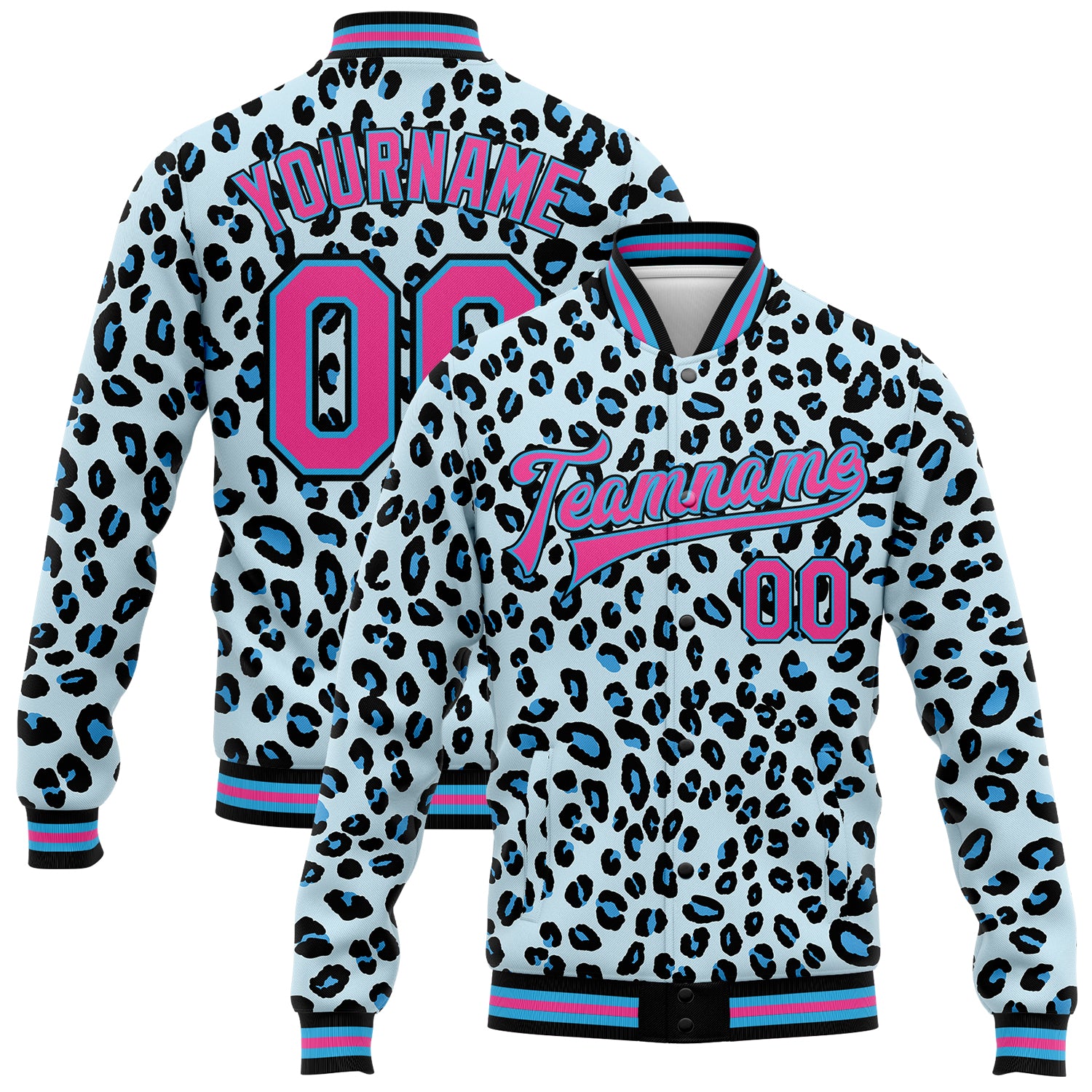 Custom Name Number Personalized Leopard Print 3D Pattern Bomber Varsity Jacket Sky Blue Pink Black Full-Snap Design Personalized