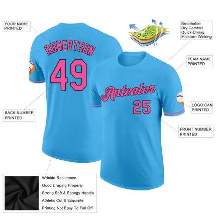 Custom Team Name and Number Performance T-Shirt in Sky Blue Pink-Black - Personalized Sports Apparel Personalized Sky Blue